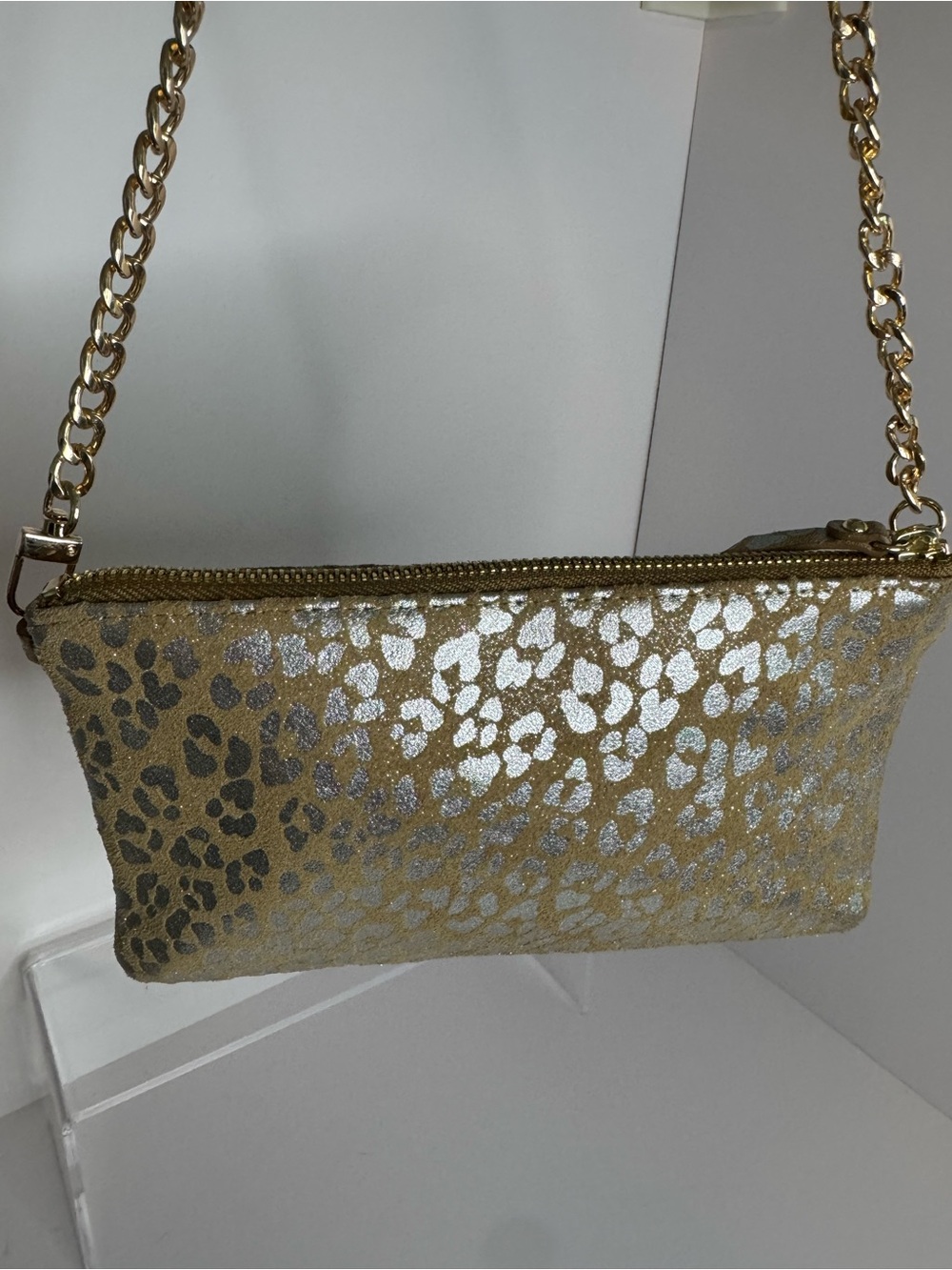 #426 Lodis Small Silver Metallic Leather & Suede Leopard Print Clutch Shoulder - Picture 4 of 16